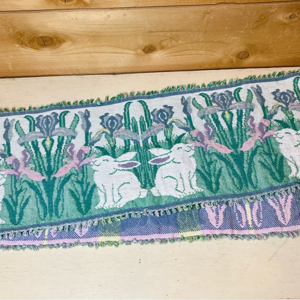 Woven Bunny and Iris Floral Tapestry Table Runner - Easter Spring
